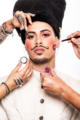Image of male wearing lash extensions for Gladgirl beauty winter campaign 2019. Nutcracker themed beauty shoot.